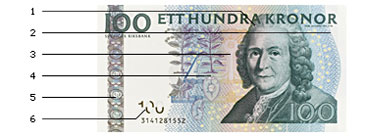 Picture on the front of the valid 100-kronor note